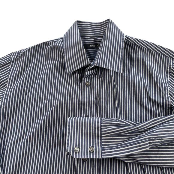Hugo Boss Dress Shirt Men 16 34/35 Navy Gray Stripe 100% Cotton Enzo Regular Fit - Picture 1 of 16